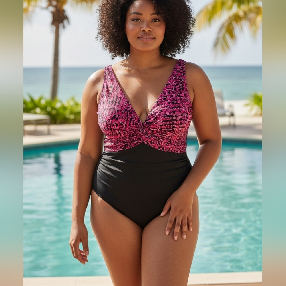 Stylish Pink and Black Women'Swimsuit By CARIBBEAN SZ 24 Left.